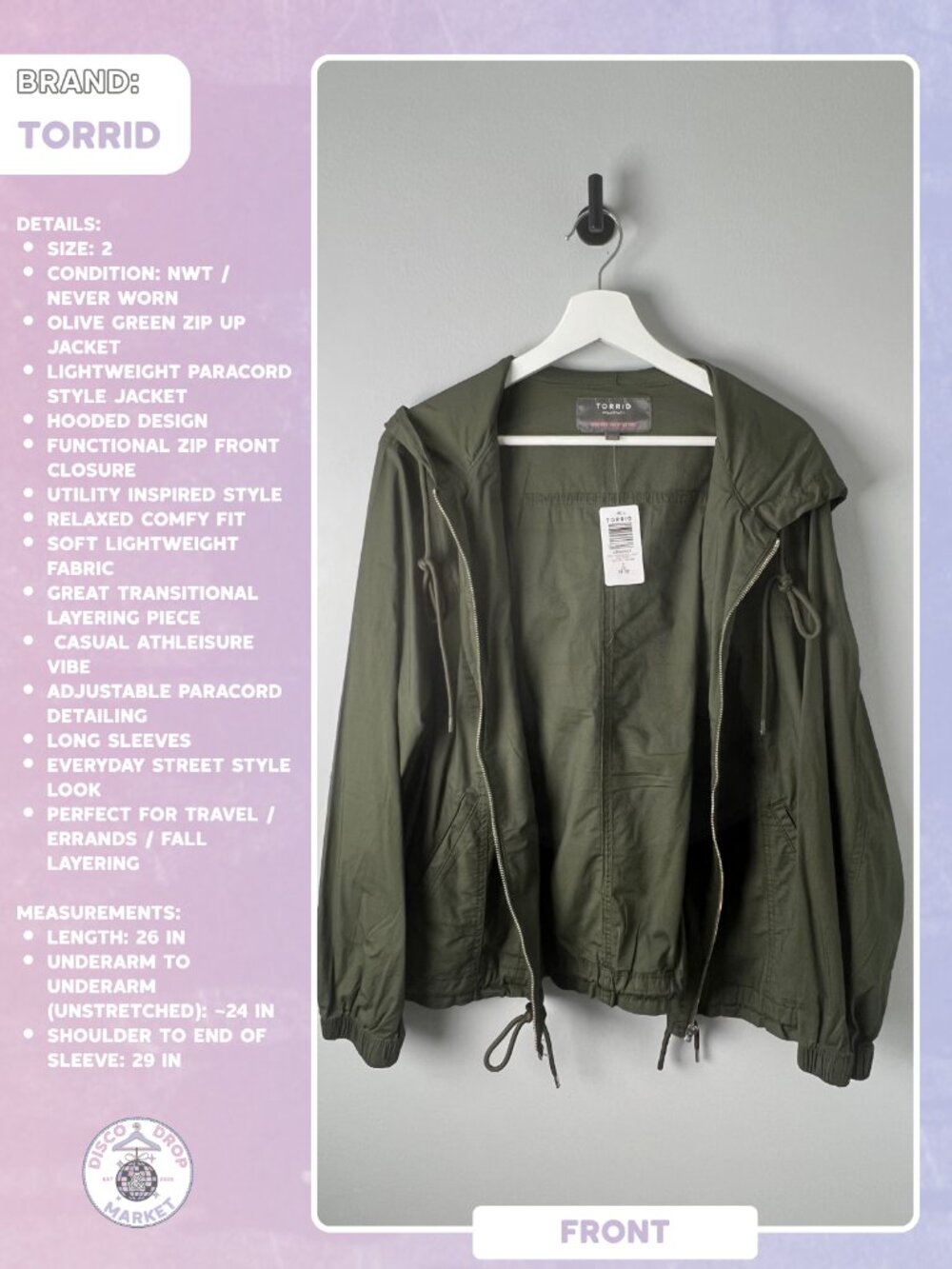 Torrid Olive Green Lightweight Paracord Zip-up Jacket Size 2 NWT